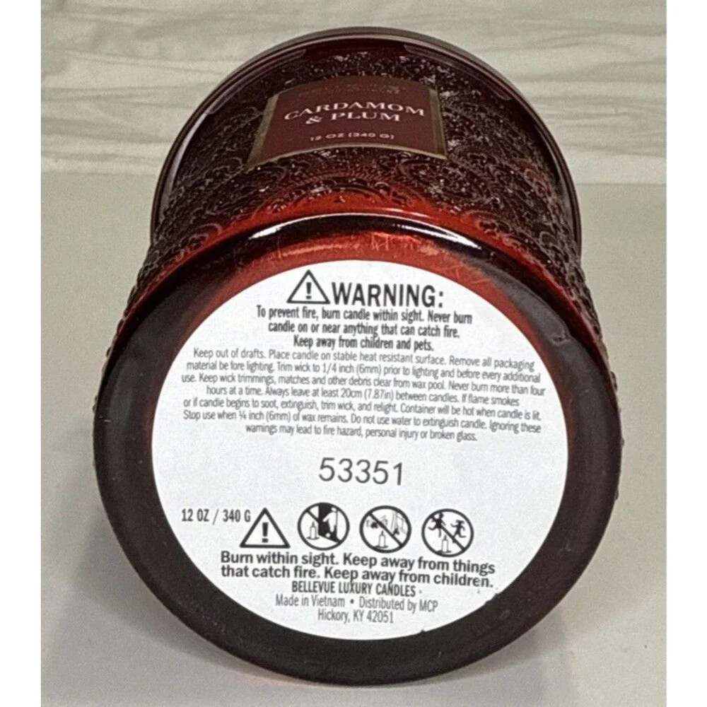 Bellevue Candle Cardamom & Plum Bergamot Embossed Red Soy Blend 2 Wick 12 Oz New